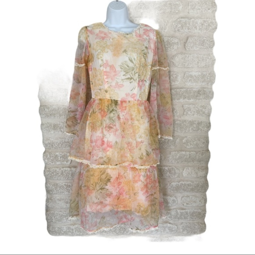 1960s Tiered & Ruffled Silk Chiffon Coral Maxi Dress